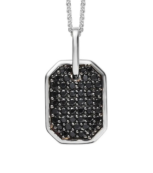 black spinel dog tag pendant necklace in black and white rhodium over sterling silver