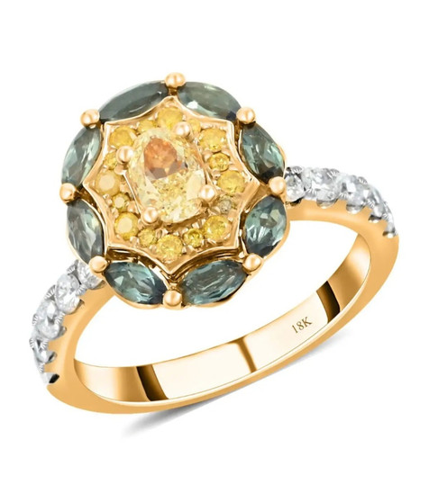 yellow diamond white diamond and alexandrite halo ring in 18k yellow gold