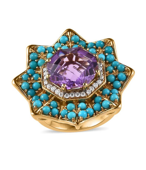 front view of amethyst sleeping beauty turquoise and moissanite cluster ring in 18k yellow gold over sterling silver