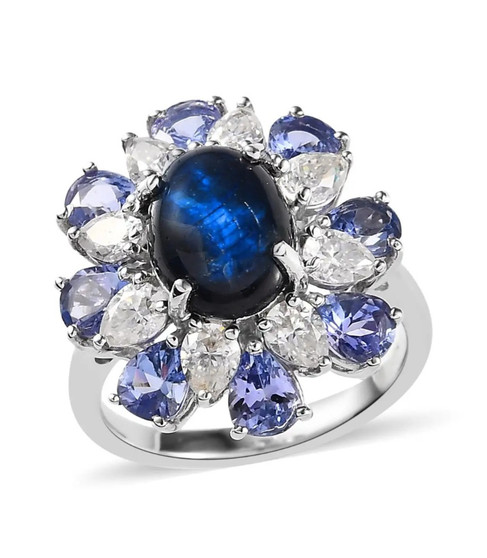 star sapphire tanzanite and moissanite halo ring in rhodium over sterling silver