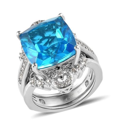 blue quartz and zircon two ring set in rhodium over sterling silver