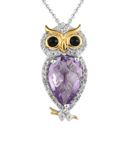 rose de france amethyst multi gem owl necklace in 18k yellow gold and rhodium over sterling silver