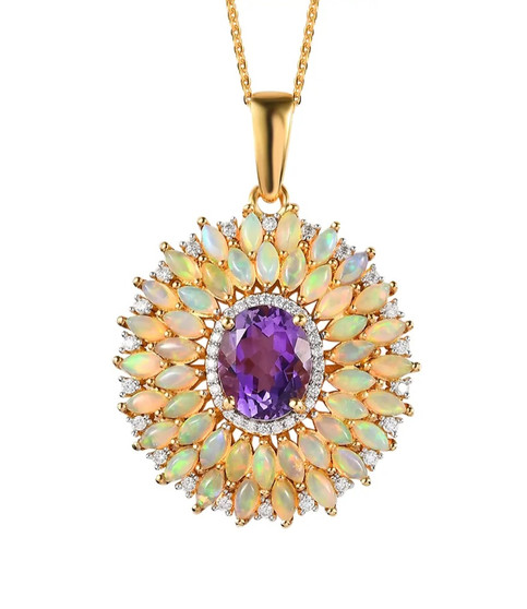 ethiopian opal amethyst and moissanite pendant necklace in 18k yellow gold over sterling silver