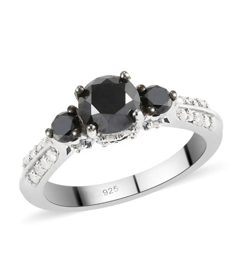 front view of black diamond and white diamond trilogy ring in rhodium over sterling silver