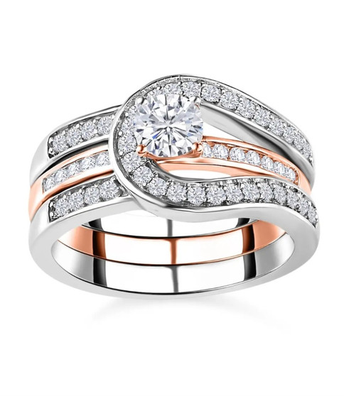 moissanite two ring set in 18k rose gold and rhodium over sterling silver