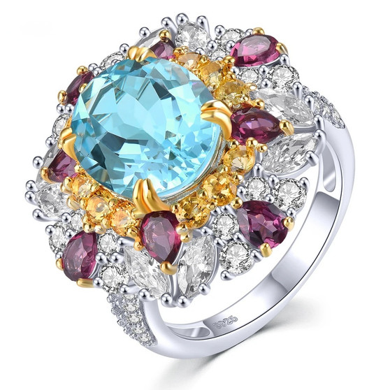 sky blue topaz citrine rhodolite garnet and zircon cluster ring in 18k yellow gold and rhodium over sterling silver