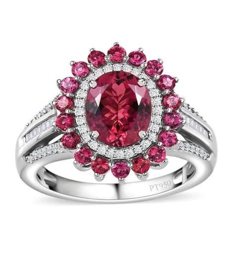 rubellite tourmaline and diamond halo ring in 950 platinum