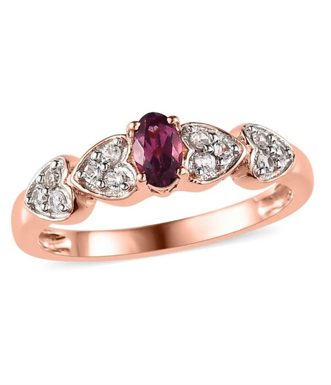 rhodolite garnet and white zircon heart ring in 18k rose gold over sterling silver