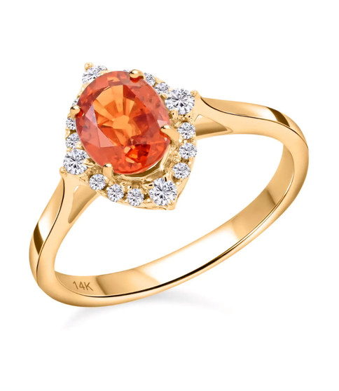 spessartine garnet and diamond halo wedding ring in 14k yellow gold