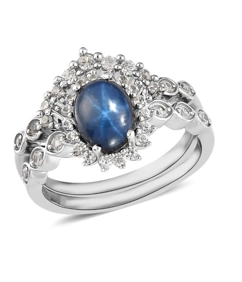 blue star sapphire and white zircon two ring set in rhodium over sterling silver