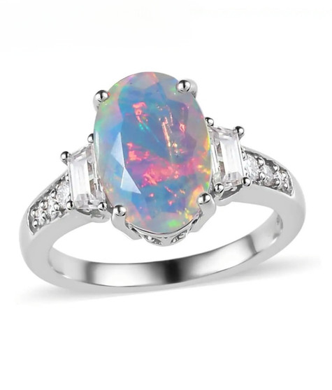 ethiopian opal and moissanite ring in rhodium over sterling silver