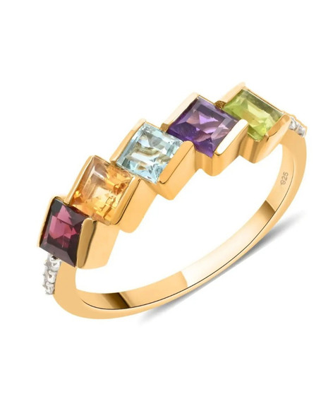 square cut multi gemstone band ring in 18k yellow gold over sterling silver