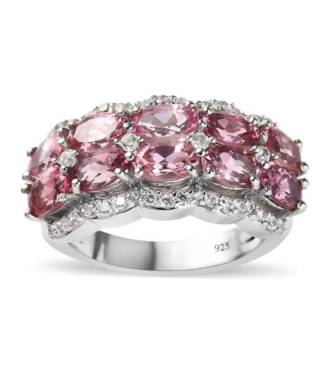 pink tourmaline and white zircon band ring in rhodium over sterling silver