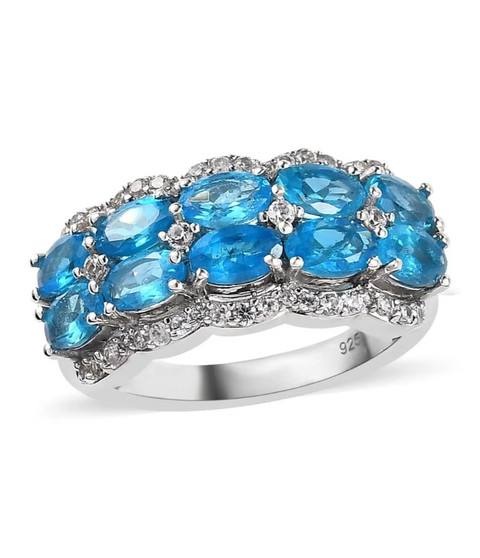 neon blue apatite and white zircon band ring in rhodium over sterling silver