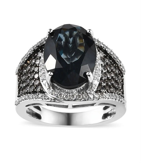london blue topaz brown zircon and white zircon ring in rhodium over sterling silver