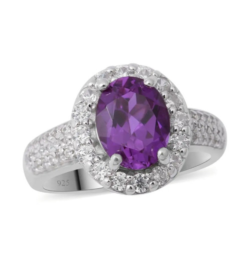 lab alexandrite and white zircon halo ring in rhodium over sterling silver
