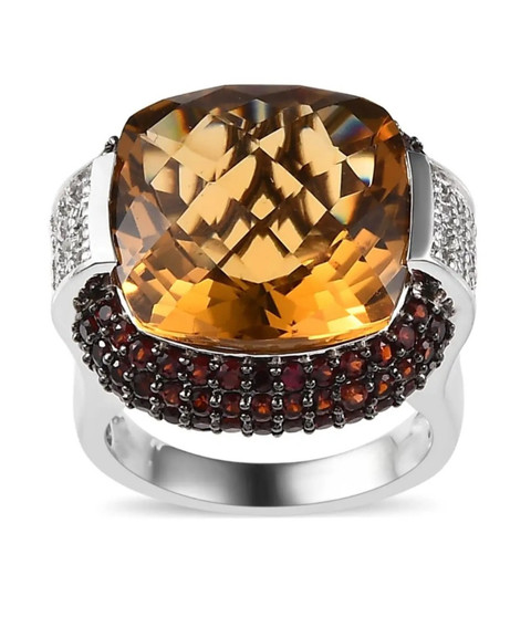 front view of citrine garnet and zircon statement ring in rhodium over sterling silver
