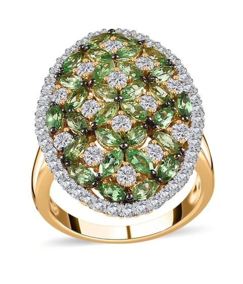 tsavorite garnet and moissanite statement ring in 18k yellow gold over sterling silver