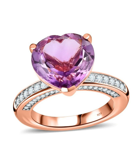 rose de france amethyst and moissanite heart ring in 18k rose gold over sterling silver