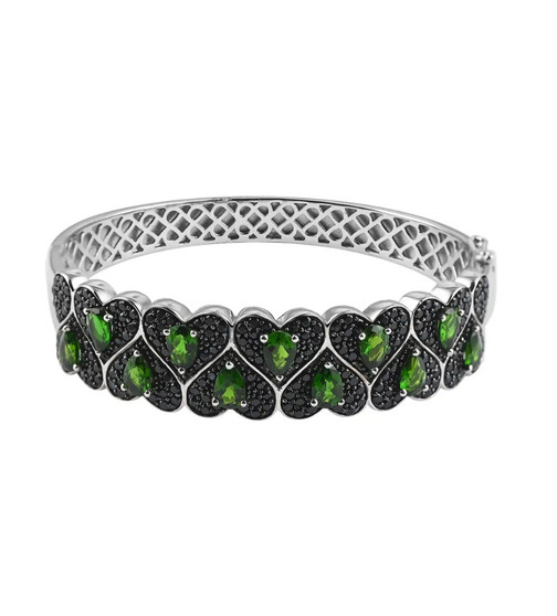 black spinel and chrome diopside heart bangle bracelet in black and white rhodium over sterling silver