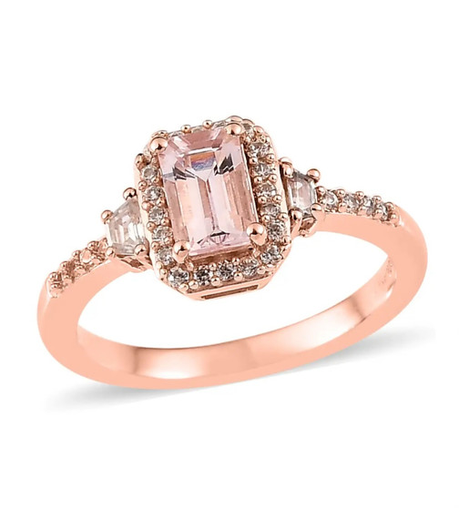 morganite and zircon halo wedding ring in 18k rose gold over sterling silver