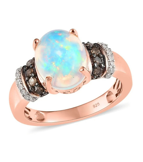 ethiopian opal champagne and white diamond ring in 18k rose gold over sterling silver
