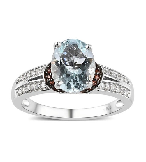 aquamarine brown zircon and white zircon ring in rhodium over sterling silver