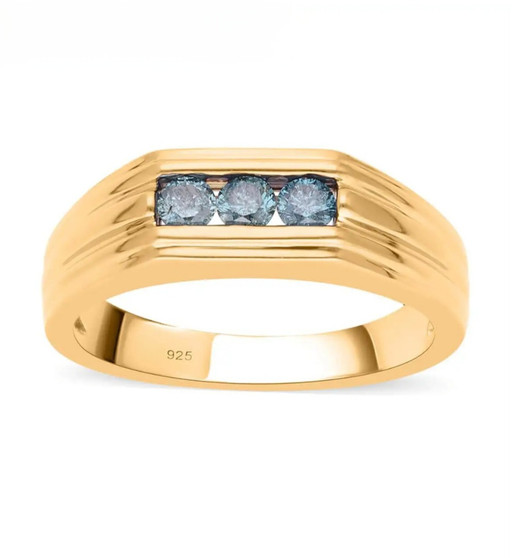 blue diamond gents ring in 18k yellow gold over sterling silver