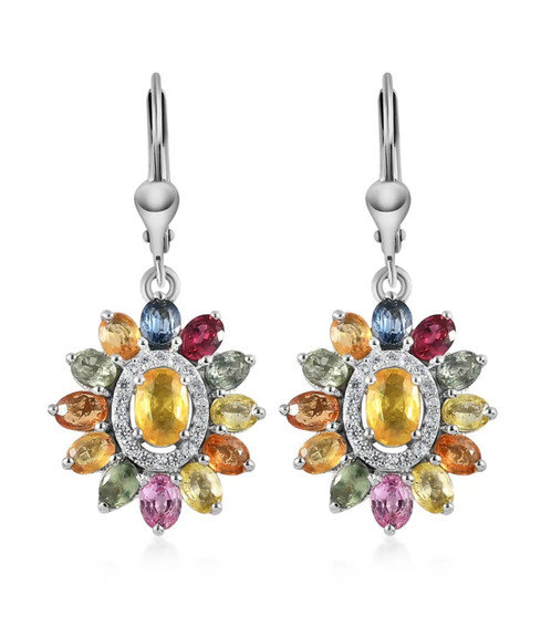 back view of multi color sapphire and zircon lever back earrings in rhodium over sterling