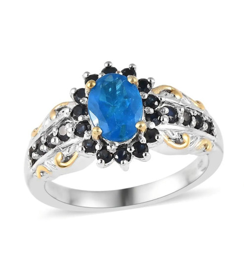 neon blue apatite and sapphire ring in 18k yellow gold and rhodium over sterling silver