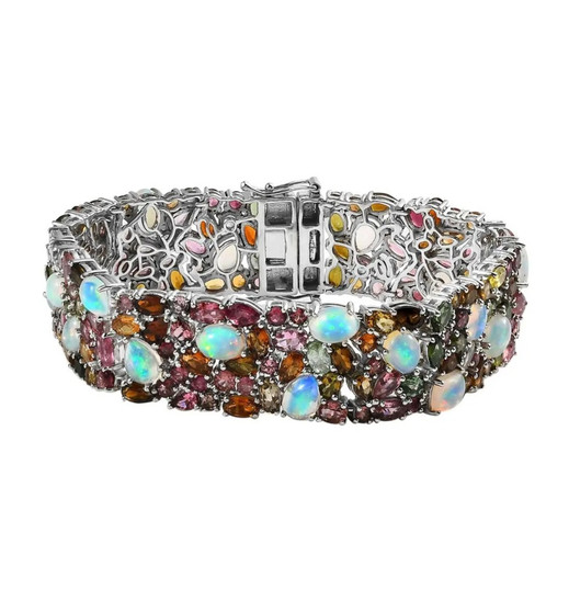 ethiopian opal and multi color tourmaline bracelet in rhodium over sterling silver