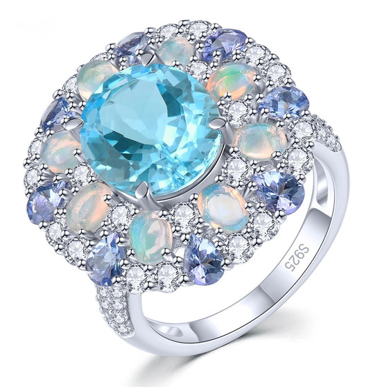 sky blue topaz ethiopian opal tanzanite and zircon cluster ring in rhodium over sterling silver