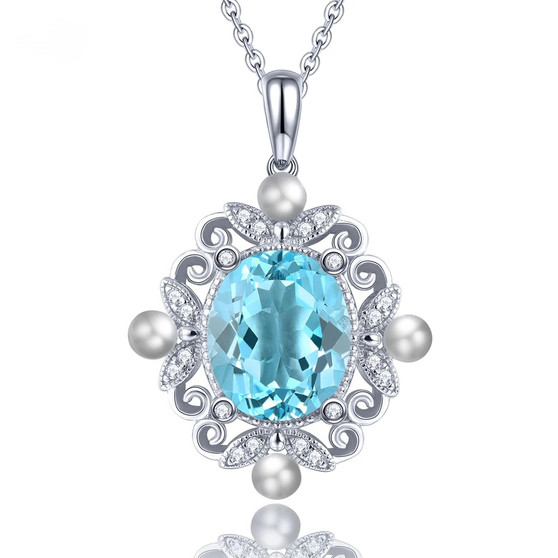 sky blue topaz pearl and white zircon necklace in rhodium over sterling silver