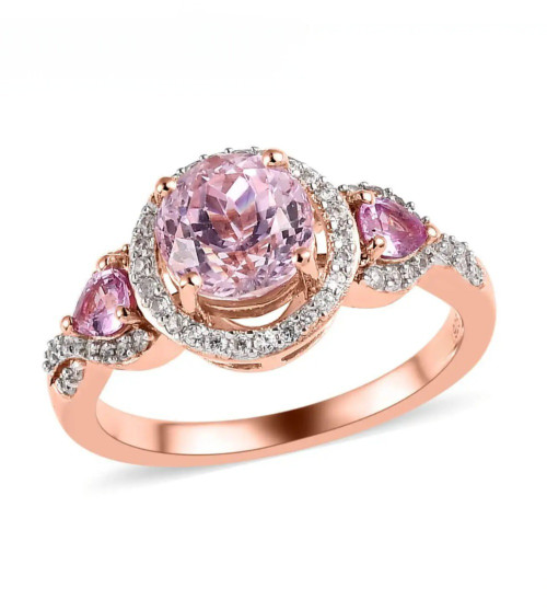 kunzite pink sapphire and zircon ring in 18k rose gold over sterling silver