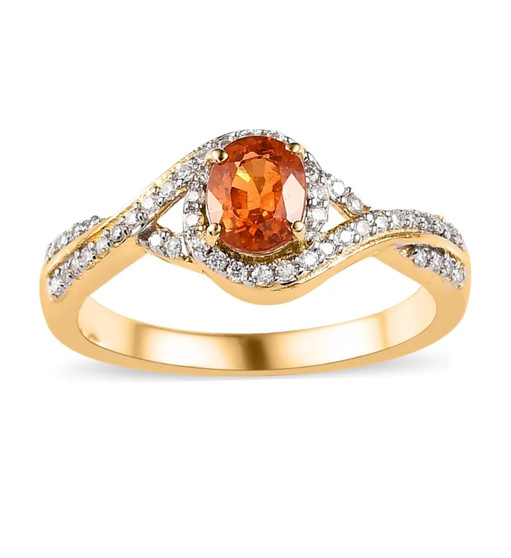 spessartine garnet and moissanite halo infinity shank ring in 18k yellow gold over sterling silver