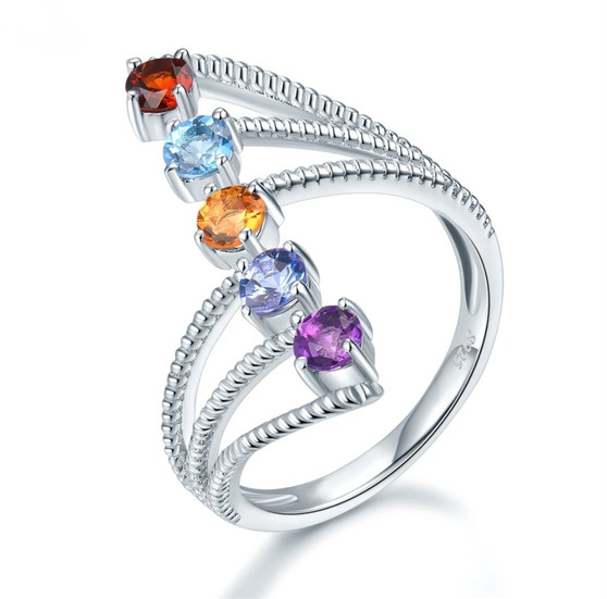 multi gemstone bypass line ring in rhodium over sterling silver