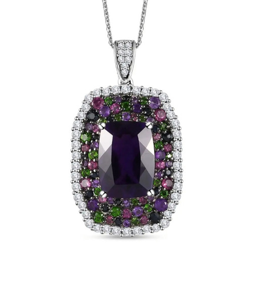 front view of amethyst multi gemstone pendant necklace in rhodium over sterling silver