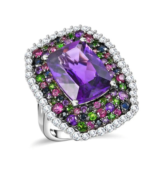 front view of amethyst multi gemstone cluster ring in rhodium over sterling silver