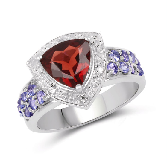 garnet trillion white topaz and tanzanite ring in rhodium over sterling silver