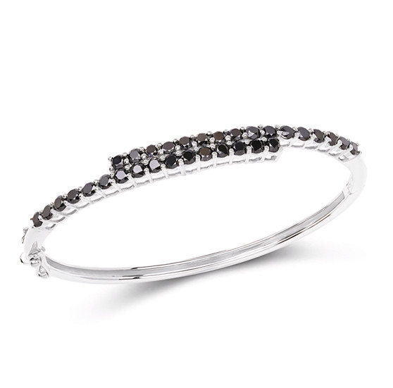 front view of black diamond bypass bangle bracelet in rhodium over sterling silver