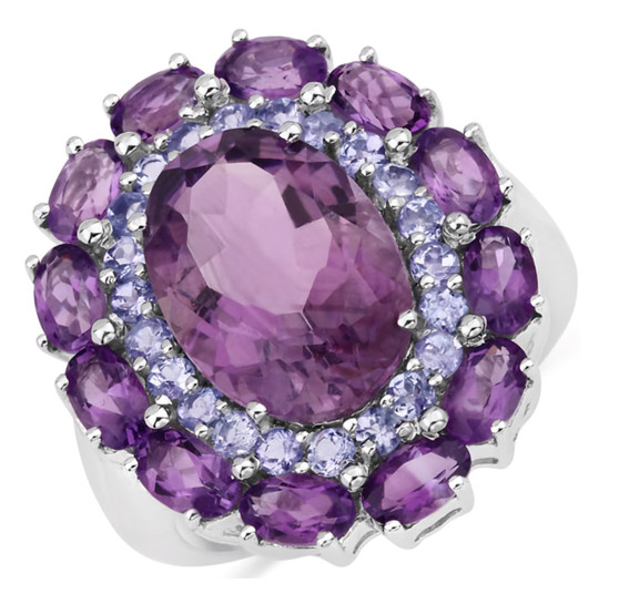 oval amethyst and round tanzanite cluster ring in rhodium over sterling silver