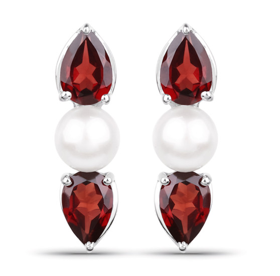 front view of garnet and freshwater pearl three stone earrings in rhodium over sterling silver