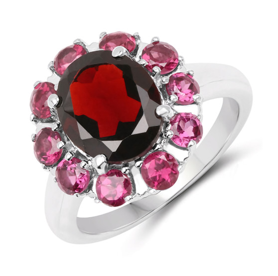 garnet and rhodolite garnet halo ring in rhodium over sterling silver
