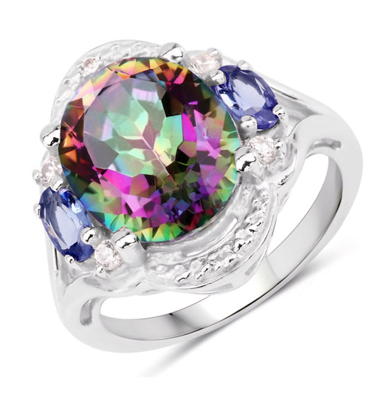 mystic quartz tanzanite and white zircon ring in rhodium over sterling silver
