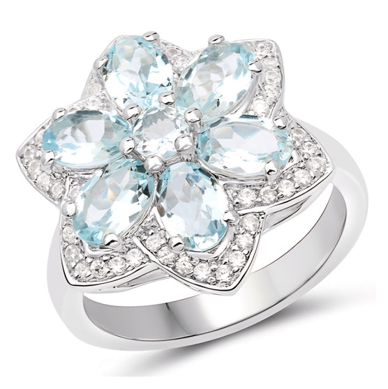 aquamarine and white zircon halo cluster ring in rhodium over sterling silver