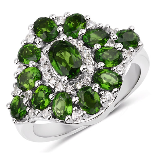 chrome diopside and white zircon cluster ring in rhodium over sterling silver