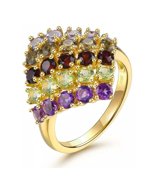 tanzanite smoky quartz garnet peridot and amethyst multi gemstone ring in yellow gold over sterling silver
