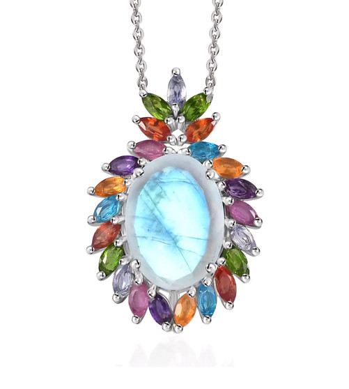 oval rainbow moonstone and multi gemstone halo pendant necklace in rhodium over sterling silver