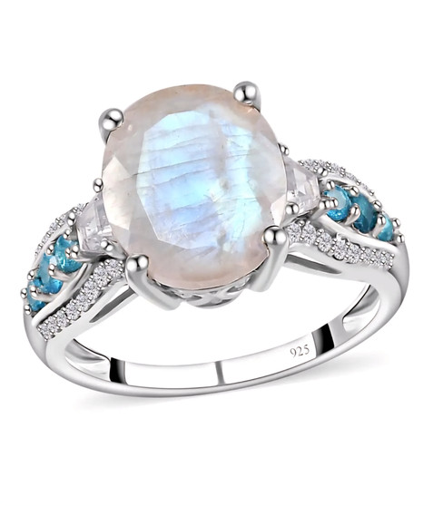rainbow moonstone neon apatite and zircon ring in rhodium over sterling silver