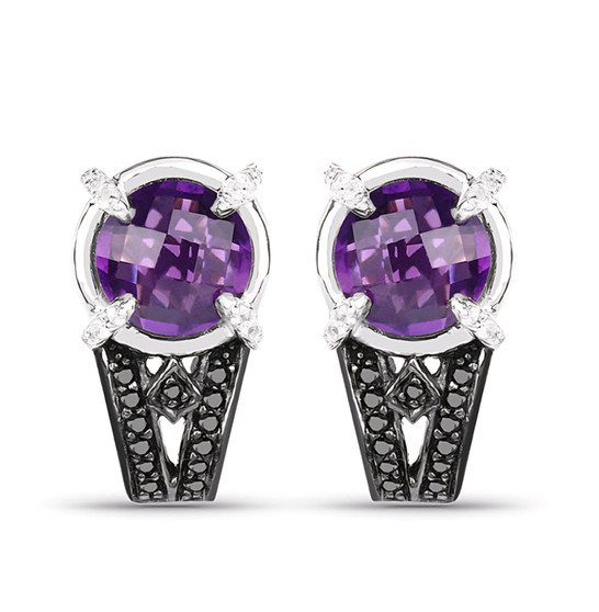 amethyst black and white diamond earrings in black and white rhodium over sterling silver